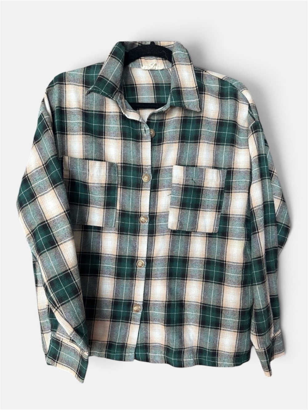 Green and Cream Plaid Button-Up Shirt with Chest Pockets